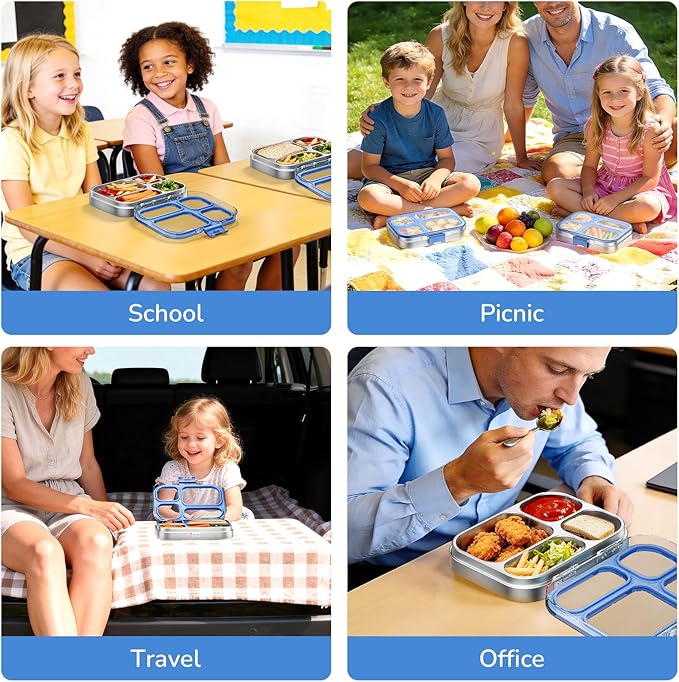 G.a HOMEFAVOR Stainless Steel Lunch Box - 4 Compartments Bento Box for Kids, Leakproof Food Container for School, Office, Dishwasher Safe, BPA-Free, 800 ml/27 oz, Dark Blue