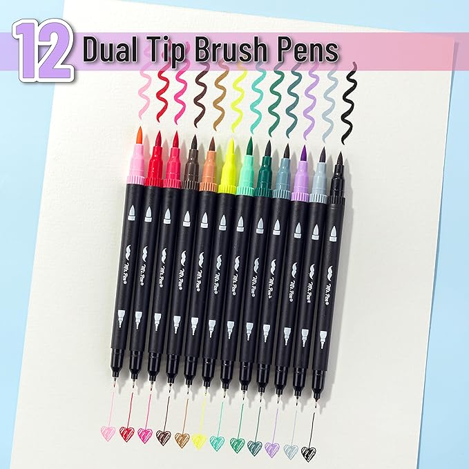 Mr. Pen- Dual Tip Brush Pens, 12 pcs, Muted Colors, Fine & Brush Tip Markers for Adult Coloring Markers for Adults