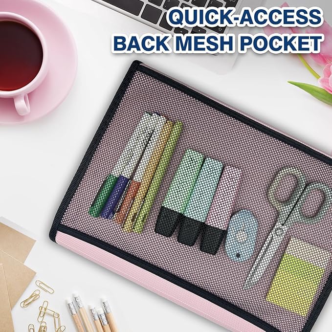 H4D 13-Pocket Accordion File Organizer with Mesh Pocket, Expanding File Folder with Tabs, Expandable Document Organizer for Home Office School, Letter Size, Light Pink