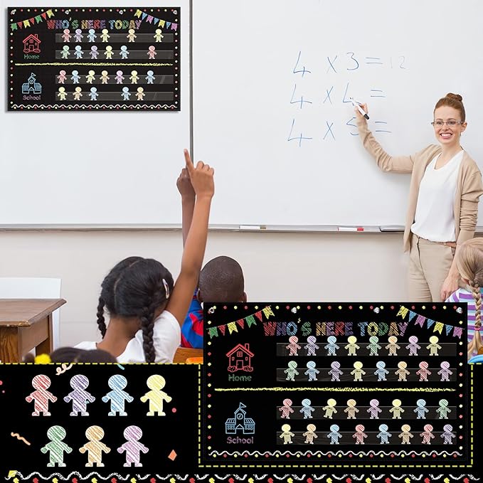 Jetec Chalkboard Classroom Attendance Chart Helping Hands Pocket Chart with 54 People Cards, Kid's Daily Schedule, Preschool Organization Management for Teachers