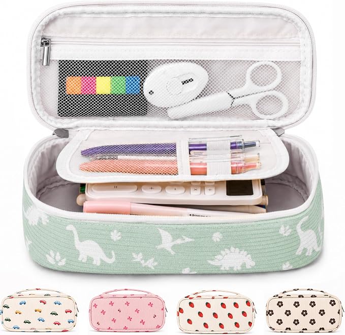 Big Capacity Pencil case,Soft Corduroy Pencil Bag,Cute Pen Case with Handle,5 Compartments, Wide Opening Pen Pouch Organizer for Teen Girls Women (Dinosaur)