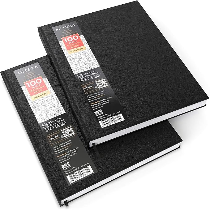 ARTEZA Hardcover Sketchbooks, Pack of 2, 8.5 x 11 in, 100 Sheets Each, 80 lb / 130 GSM, Acid-Free Fine-Tooth Drawing Paper, Faux Leather Hardbound for Graphite, Colored Pencil, Charcoal, Pastel & Ink