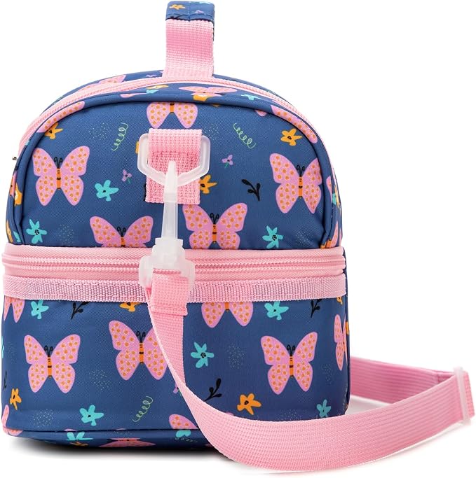Insulated Kids Dual Compartment Lunch Bags Tote for Girls Boys Toddler Lunch Boxes Pre-School Toddler Kindergarten Picnic Camp Food Cooler Thermal with Strap (ZPINK‌BTFLY)