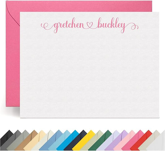 Personalized Stationery Note Cards with Envelopes – Custom Minimalist Thank You Cards, 12 Flat Note Cards & Colored Envelopes – Crush-Resistant Packaging - Folded Cards Optional (Heart Connector)