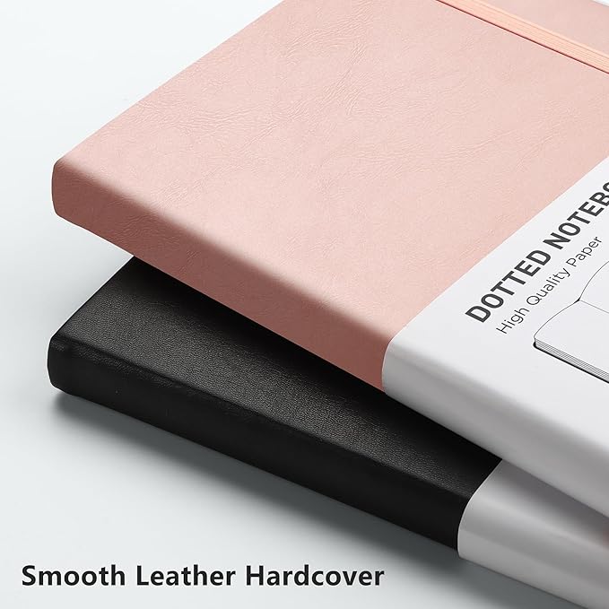 RETTACY Dotted Journal Notebook, 192 Pages, A5 Medium Size (5.7'' x 8.3''), Leather Hardcover, 100 GSM Thick Paper, for Journaling, Planning, Tracking (Rose Gold)