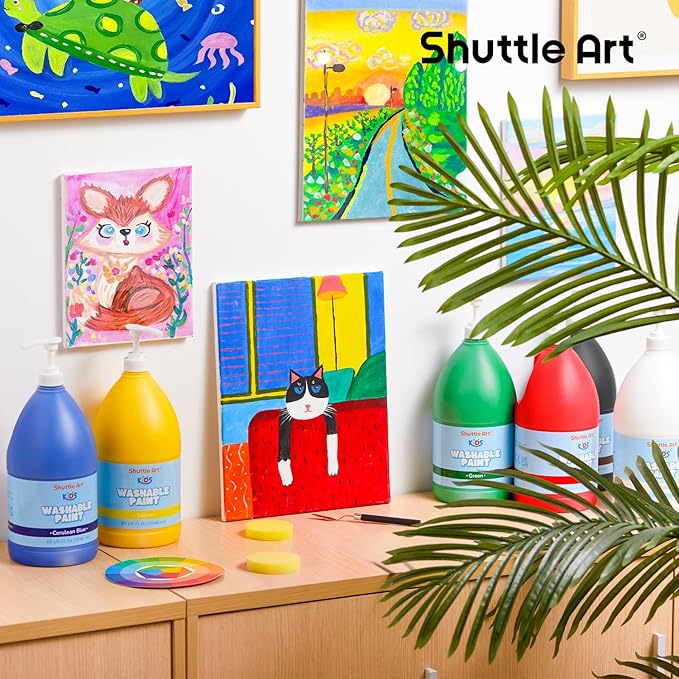 Shuttle Art 6 Colors Washable Paint for Kids, 69 oz Bulk Tempera Paint with Pump, Non-Toxic Kids Washable Paint for Art and Crafts, School & Home Must Haves