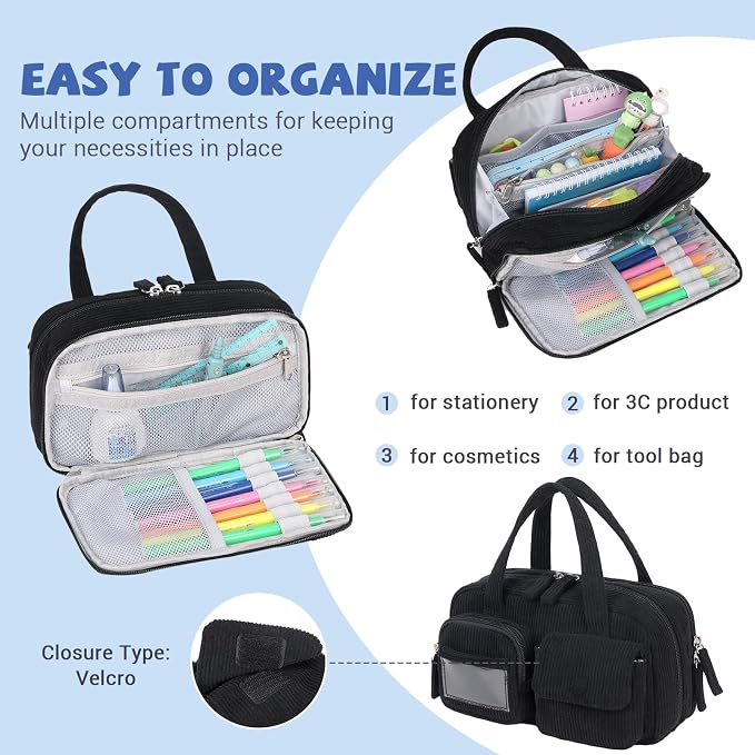Pencil Case Corduroy Multiple Compartments Pouch Bag for Girl, Black