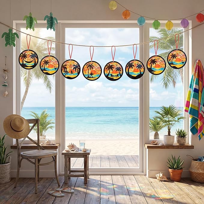 Renbuzhu 48PCS Summer Crafts: Paper Tropical Palm Tree Suncatchers DIY Kits, Window Stained Glass Effect Art Supplies for Hawaiian Luau Tiki Beach Party Favors