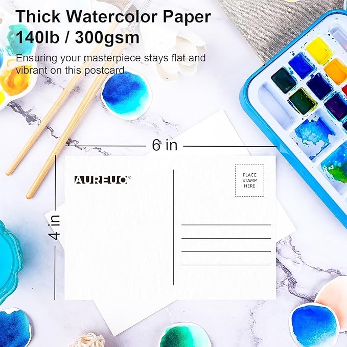 AUREUO Blue Watercolor Set - Marine Ocean Watercolor Paint Set with Brushes, Watercolor Postcards, Masking Pen, Tote Bag - Water Color Painting Kit for Adults, Beginners, Professional