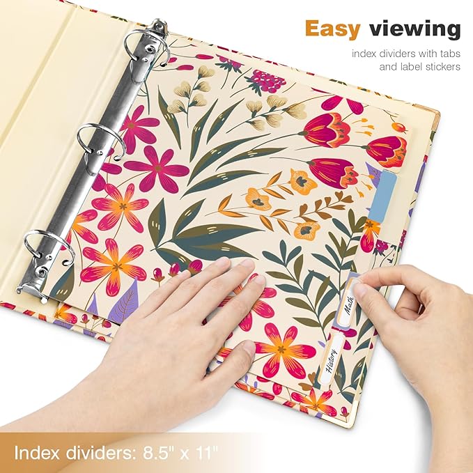 Ospelelf 3 Ring Binder, 1.5 Inch, Cute Floral Binder for Letter Size (11" x 8.5") with 5 Tab Dividers, File Folder Labels and Low Profile Clipboards