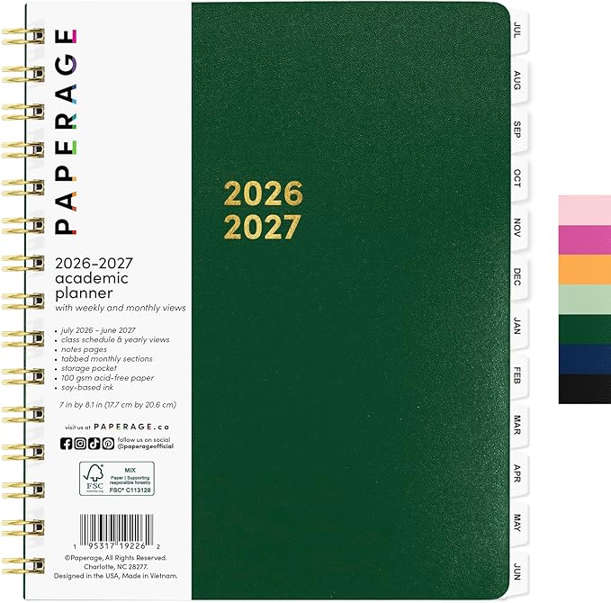 PAPERAGE Academic Planner, Weekly & Monthly Planner & Calendar, 12-Months, July 2026 - June 2027, (7" x 8"), School & Student Planning Agenda with Tabs, Bonus Pages & Inner Pocket, Dark Green