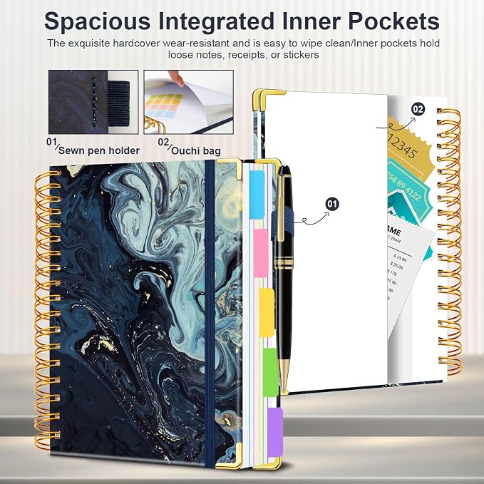 Spiral Journal Notebooks for Work, 300 Pages 5 Subject Notebook College Ruled with Dividers & Tabs, Notebook Journal for Women Students Note-Taking and Organizer (Navy Marble, 8.5''x 11'')