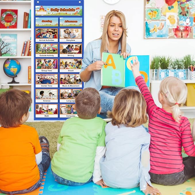 Auchq Daily Schedule Pocket Chart, Visual Schedule for Kids with 23 Activity Cards, 8+1 Pockets, 4 Blank Dry-Erase Cards Included, Great for Classroom Preschool-1 st Gr.(17’’ x 38.5’’ in)