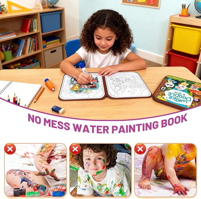 BlivEclat Water Coloring Book for Toddlers 1-3 - Mess Free Reusable Magic Reveal Montessori Painting Book with Water Pen - No Mess Paint with Water Activity for Kids Ages 2-4