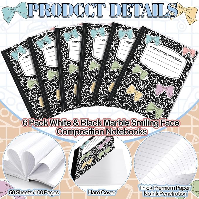 Eaasty Composition Notebook Wide Ruled Paper Assorted Marble Aesthetic Composition Notebook 100 Page 7.5" x 9.75" Journal Gift for Back to School First Day of School Students Teacher(6 Pcs,Bow)