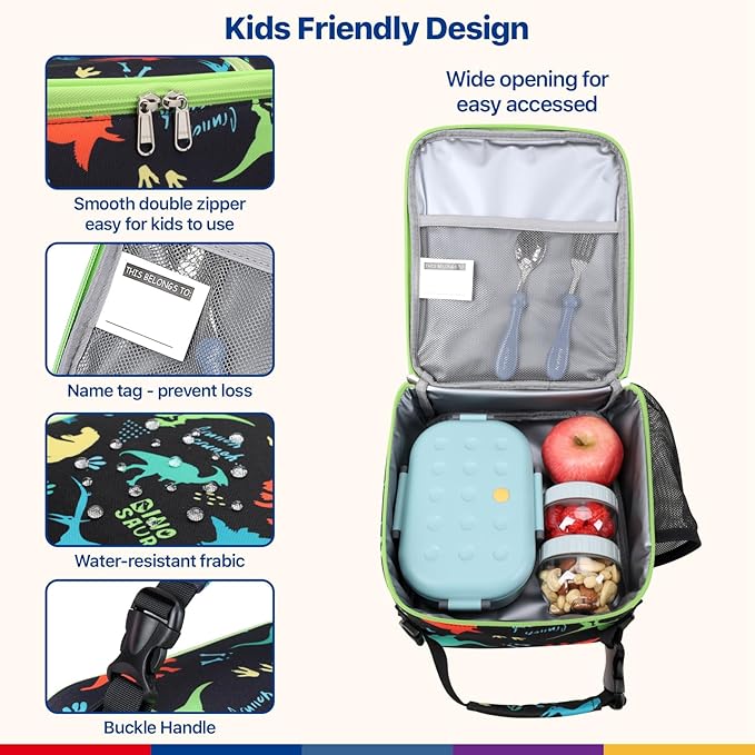 Bagseri Kids Lunch Bag with Shoulder Strap - Insulated Crossbody Boys Lunch Box for School & Travel, Reusable Large Meal Tote with Bottle Holder, Fits Bento Box, Black Dinosaur