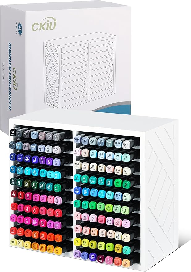 Bamboo Marker Organizer for Desk, Marker Storage Organizer for 140 Markers，Pens, Pencils and Art Brushes，Wooden marker holder for Home, Classroom and Office Decor, White