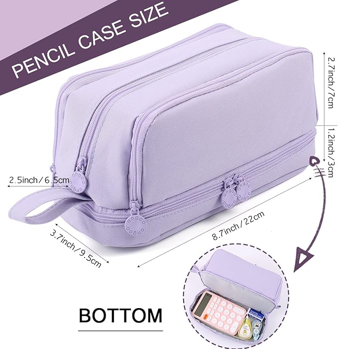 MAMUNU Large Capacity Pencil Case 4 Compartments, Pencil Pouch Bag with Zipper Portable Handle, Pen Case Bag Stationery Organizer for Office College School Adults Teen Girls Boys Men Women, Purple