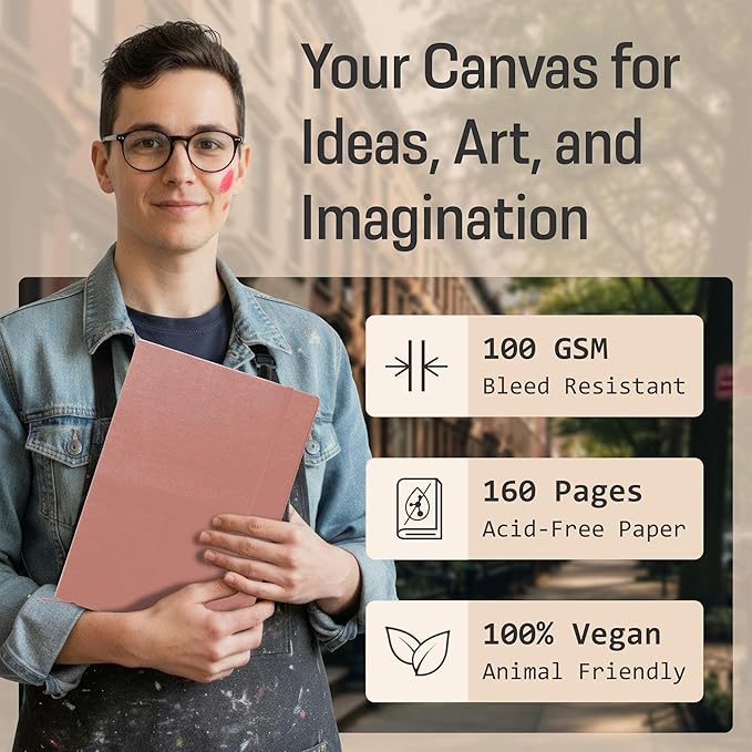 BROWNSTONE JOURNALS A4 Sketch Book Hardcover - 80 Sheets 100 GSM Paper 8.5"x11.5", Lay Flat, Vegan Leather Cover, Elastic Band, Back Pocket, Art Drawing Book (Rose Wood)