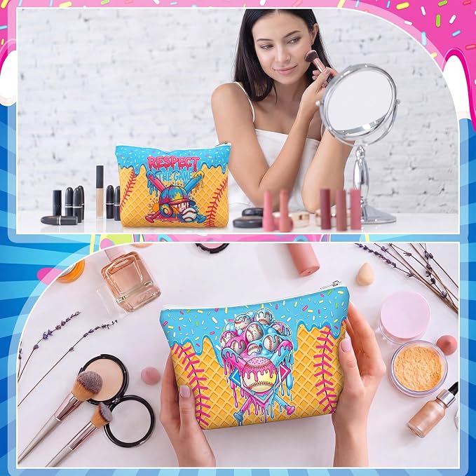 Reginary 12 Pcs Ice Cream Drip Baseball Cosmetic Bags Bulk Ice Cream Drip Snack Goodie Bags Zippered Travel Toiletry Makeup Pouch Gift Accessories for Candy Stuff Team Players Party Supplies