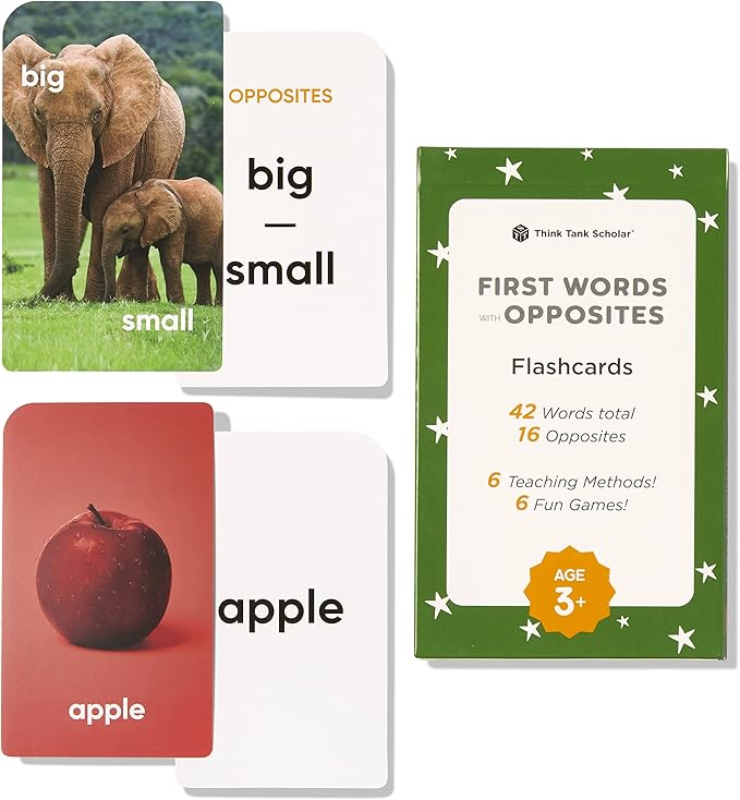 Award-Winning First Words & Opposites Flash Cards for Kids Ages 2-8 – 36 Durable Cards with Real Pictures – Preschool, Kindergarten & Early Elementary Learning