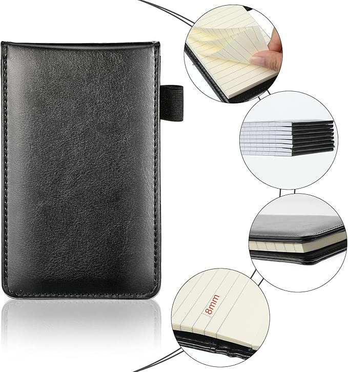 Outus 10 Pcs Mini Pocket Notepad Holder Set Included Small Leather Pocket Notebook Holder with 50 Lined Sheets, Metal Pen, 8 Pcs 3 x 5 Inch Memo Book Refills, 30 Lined Paper Per Note Pad (Black)