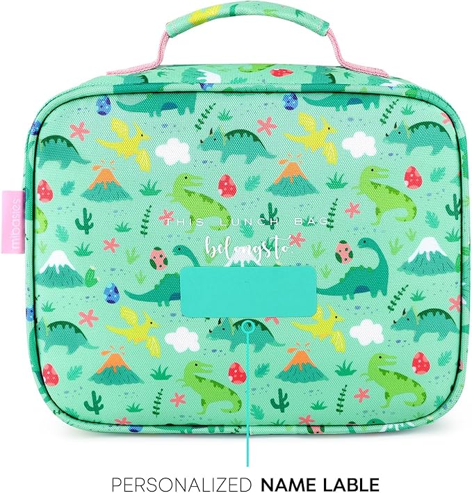 mibasies Kids Lunch Box for Girls Toddler, Insulated and Reusable Lunch Bag for School, Light Green Dinosaur Forset