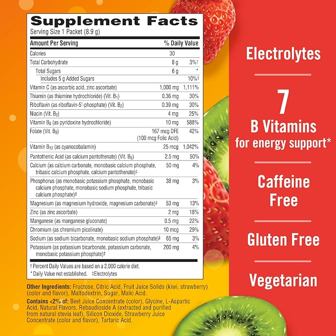Emergen-C 1000mg Vitamin C Immune Support Powder Strawberry Kiwi 30CT Includes Zinc, Manganese, 7 B Vitamins and Electrolytes for Back to School Essentials (Pack of 12)
