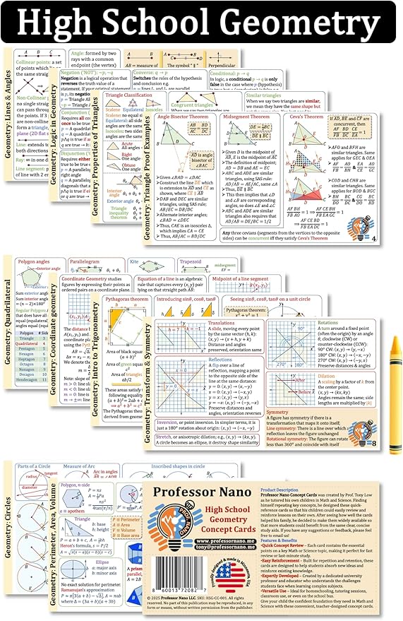 Professor Nano High School Geometry Concept Cards || 4x7.11 inches, Set of 11 || Cheat Sheet, Quickstudy