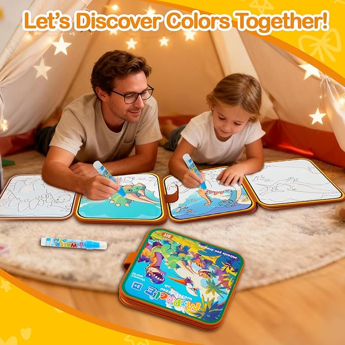 Dinosaur Water Coloring Book Toy for Toddler–Reusable Water Painting Book with Water Pen,Mess Free Coloring Magic Water Book for Kids,Preschool Educational Drawing Travel Toys for Boy/Girl Age 3+