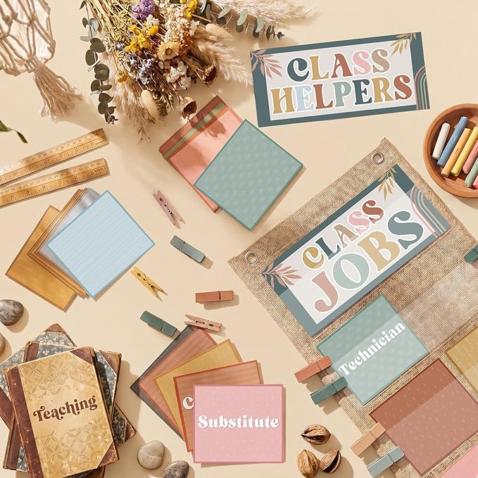 Pasimy Modern Boho Class Jobs Pocket Chart Class Helpers Pocket Chart Classroom Jobs Cards with Clips and Hooks Teacher Helper Bulletin Board Set for Back to School Classroom Teacher Supplies