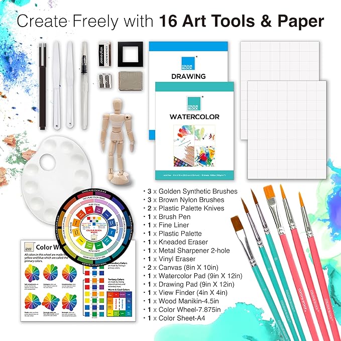 COLOUR BLOCK 152 Wooden Easel Art Supplies Set, Professional Painting and Drawing Kit with Acrylic Paints, Watercolor Paints, Sketch Pad, and Pencils for Adults and Mixed Media Artists