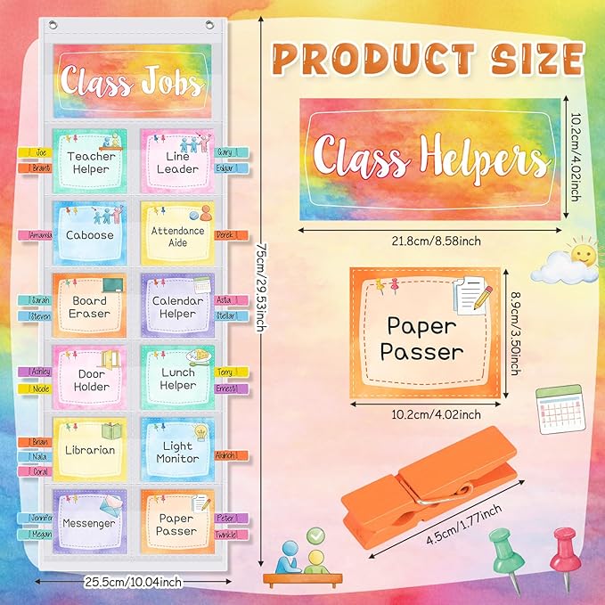 Pasimy Watercolor Class Jobs Pocket Chart Class Helpers Pocket Chart Classroom Jobs Cards with Clips and Hooks Teacher Helper Bulletin Board Set for Back to School Classroom Teacher Supplies
