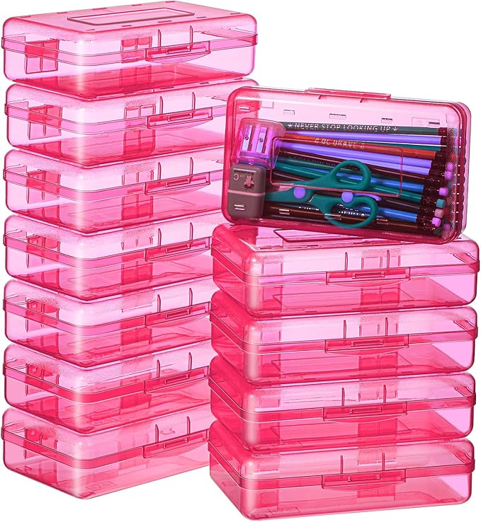 Leelosp 12 Pack Clear Pencil Boxes for School Bulk, Large Plastic Pencil Case with Lid, Stackable Hard Crayon Storage Box for Classroom Kids, Desk Drawer Organizer for Office Home(Pink)