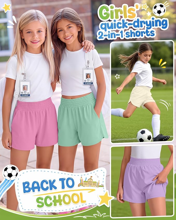 4 Pack Girls Athletic Shorts 2 in 1 Quick Dry High Waist Tween Shorts with Liner Kids Back to School Running Shorts