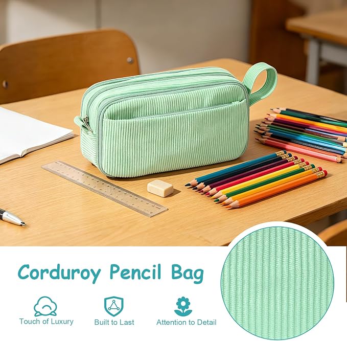 BuyCard Big Capacity Pencil Case, Corduroy Fabric, White with Mint Green Floral Pattern, Pencil Bag with Zipper Closure, Graduation Gift Office Stationery Storage Pen Pouch