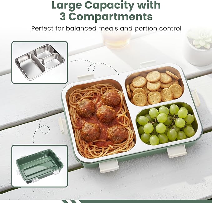 Bento Lunch Box for Kids Age 8+, Teens, Adults - 1000ml Stainless Steel School Lunchbox, 3 Compartments, Non-Microwavable, Compact BPA-Free Food Container for School Lunches, Snacks, Travel - Green