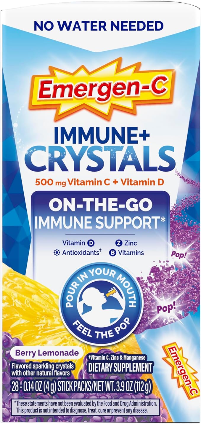 Emergen-C Immune Plus Crystals, On-the-Go Immune Support Supplement with Vitamin C, Vitamin D, B Vitamins, Zinc and Manganese, Berry Lemonade, Back to School Essentials - 28 Stick Packs
