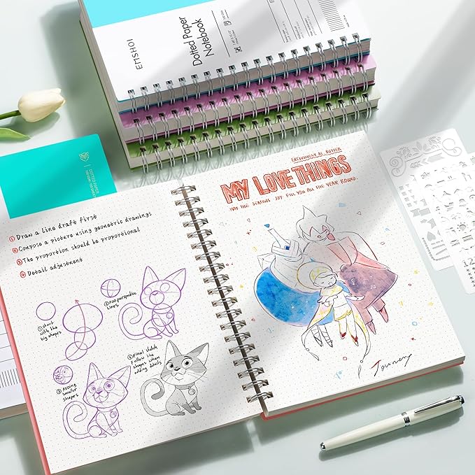 EMSHOI Dotted Journal Spiral Notebook, 300 Pages, B5 Large 7.48"x10.15", 100 GSM Thick Paper, Flexible Plastic Cover, 5mm Dot Grid Notebook for Journaling, Planning, Drawing, Writing, Pink