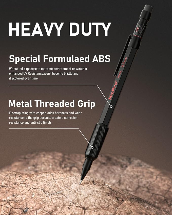 Nicpro 0.5 mm & 0.7 mm Metal Mechanical Pencil Set with Case, 2 PCS | Heavy Duty Lead Pencil + 6 Tube HB 2B Lead Refill, Eraser, Weatherproof Metal Barrel for Outdoor Writing Drafting Drawing