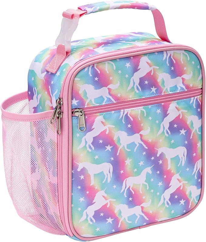 Bagseri Kids Lunch Box for Girls - Insulated Toddler Lunch Bag Fits Bento Box, Reusable Daycare Cooler Tote with Clip Handle, Water-Resistant Lining, Rainbow Unicorn