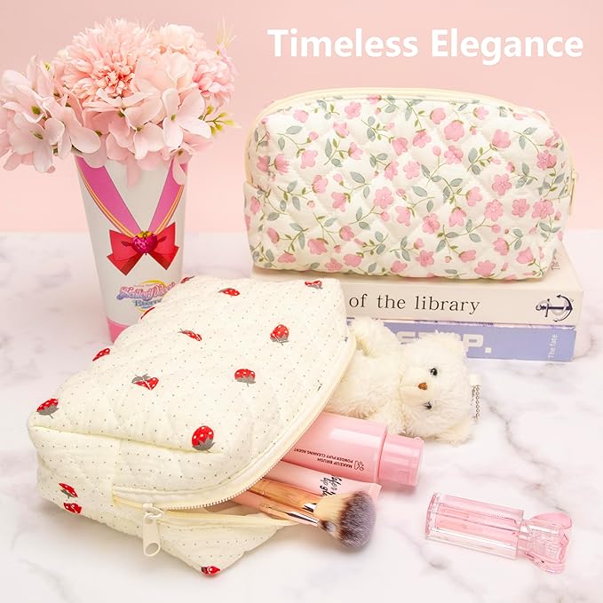 PAZIMIIK 6PCS Vintage Quilted Makeup Bag SET Cosmetic Pouch for Brushes Pencils and Travel Make Up Accessories for Women and Girls Gauze Strawberry