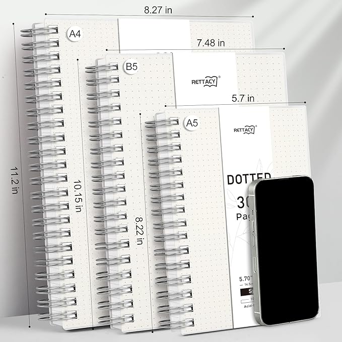 RETTACY Dotted Journal Notebook, 300 Pages, A4 Large Size (8.2'' × 11.2''), 100 GSM Thick Paper, Flexible Plastic Cover, Spiral-bound, for Journaling, Planning, Tracking (Transparent)