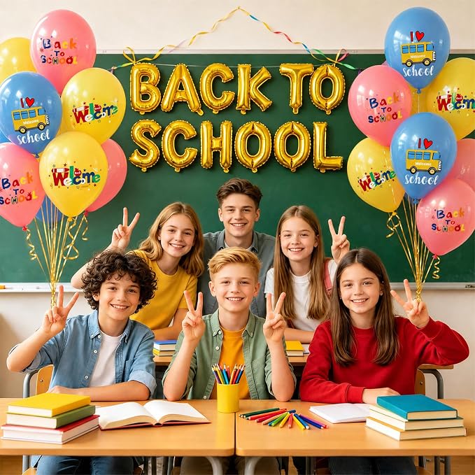 Back to School Balloons Decoration Kit, 16 Inch Gold Letter Balloon Banner, 12 Inch School Bus Printed Latex Balloons, Classroom Welcome Back Party Supplies for Students Teachers First Day of School