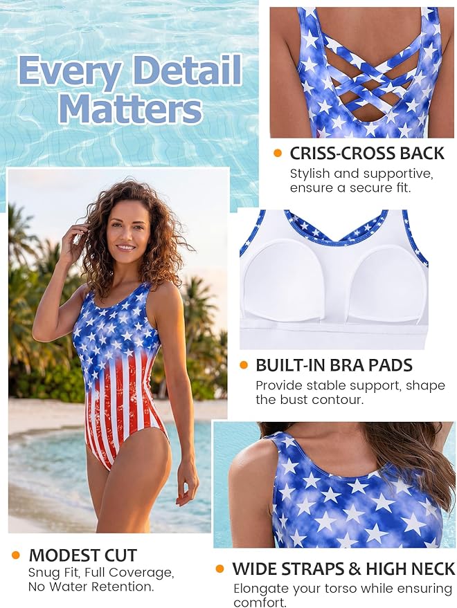 Modest Full Coverage One Piece Swimsuit Floral Bathing Suit Criss Cross Back Swimwear with Built-in Bra