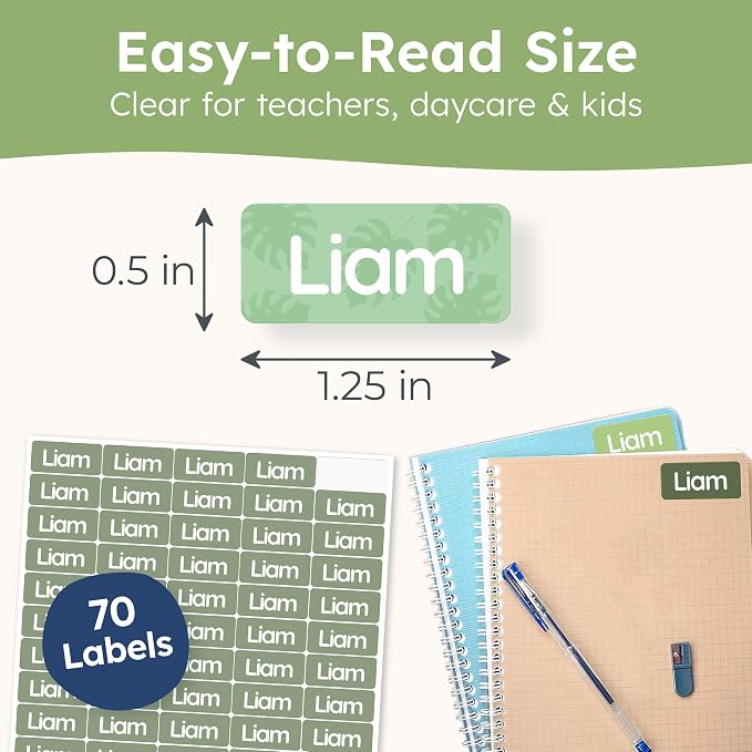 Personalized Universal Name Labels for Kids & Adults - Green [70pcs] - Waterproof Name Stickers for School, Daycare & Clothes - Item & Supplies Name Stickers - Custom Stick On Labels