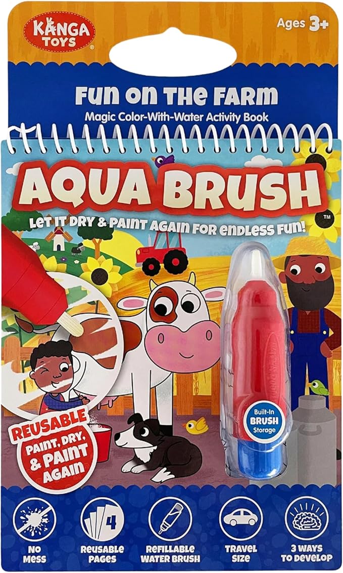 KangaToys Fun on The Farm Aqua Brush Activity Book - Reusable Water Coloring for Kids - Mess-Free Travel-Friendly Fun