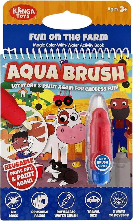 KangaToys Fun on The Farm Aqua Brush Activity Book - Reusable Water Coloring for Kids - Mess-Free Travel-Friendly Fun
