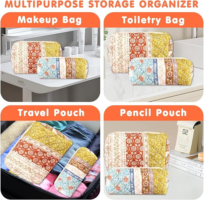 URSKYTOUS 2Pcs Floral Makeup Bag for Women Cotton Quilted Coquette Cosmetic Bag Cute Zipper Mixed Flower Makeup Pouch Aesthetic Portable Pencil Pouch Travel Toiletry Bag Trendy Cloth Skincare Bag