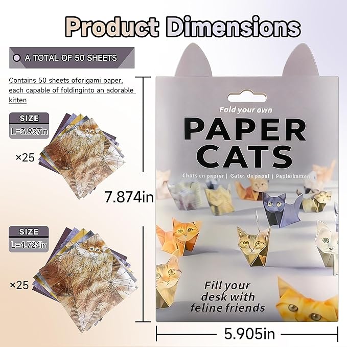 POPLOPP DIY Paper Cats Origami Kit, 50 Sheets 3D Origami Paper to Fold Cute Cat Figures, Fun Craft Activity for Kids & Adults, Desk Decor and Gift for Pet Lovers